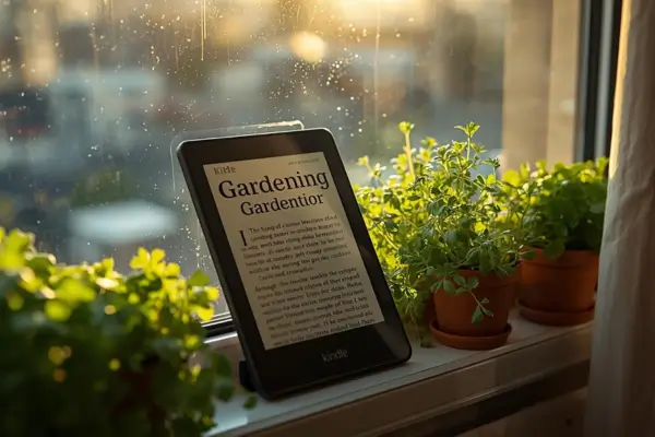 Mulher lendo Kindle em apartamento com horta vertical iluminada pelo sol