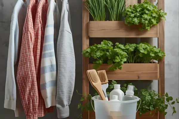 Horta vertical com cebolinha e coentro em apartamento urbano, com roupas limpas penduradas e um balde de produtos de limpeza ao lado.