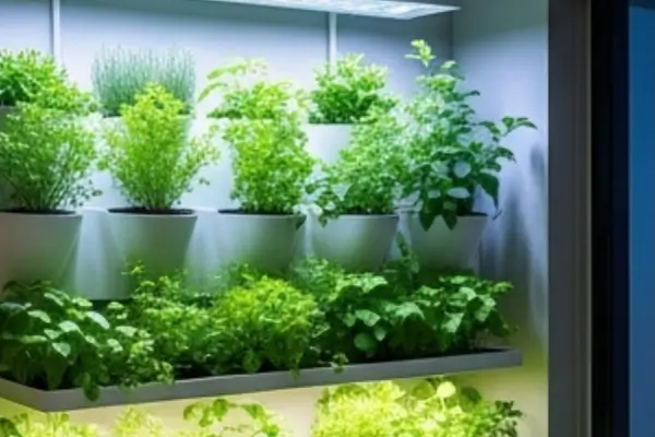 Horta vertical compacta para apartamento com mudas de manjericão e alecrim