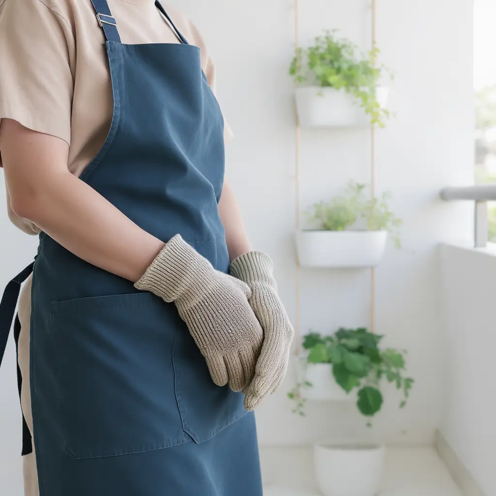 Traje para jardinagem com avental e luvas em varanda de apartamento com horta vertical.