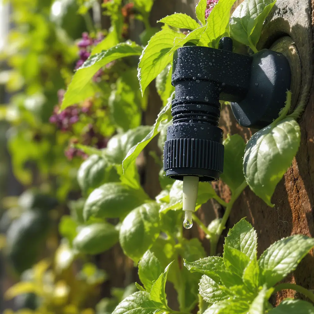 Biqueira de irrigação por gotejamento em horta vertical urbana