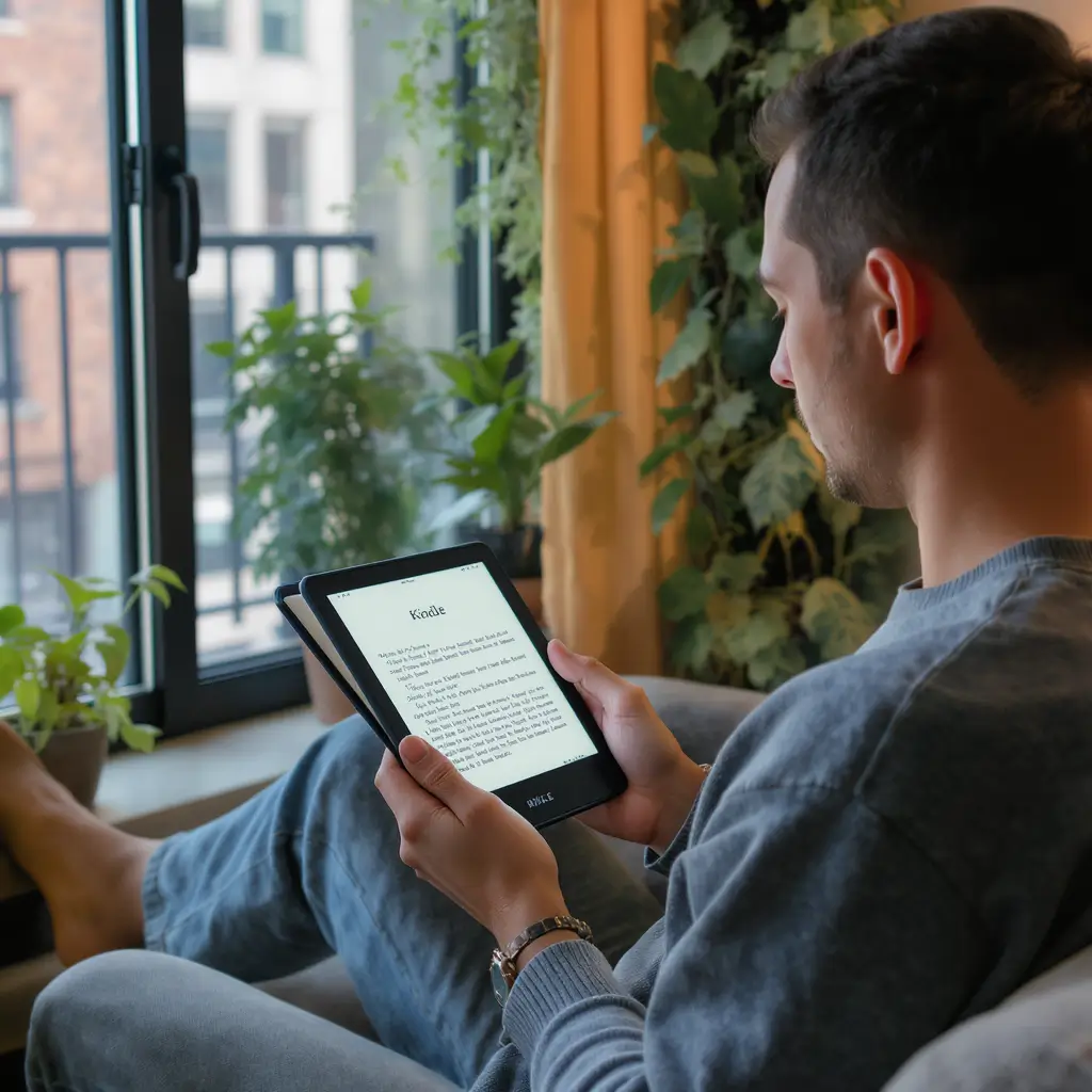 Homem lendo sobre hortas verticais no Kindle