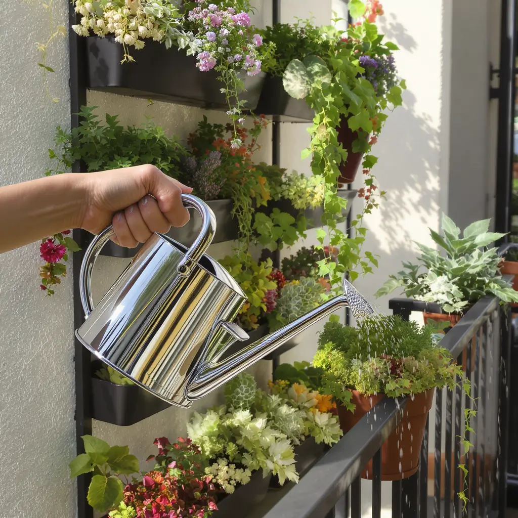 Pessoa usando regador com biqueira de precisão em horta vertical de apartamento