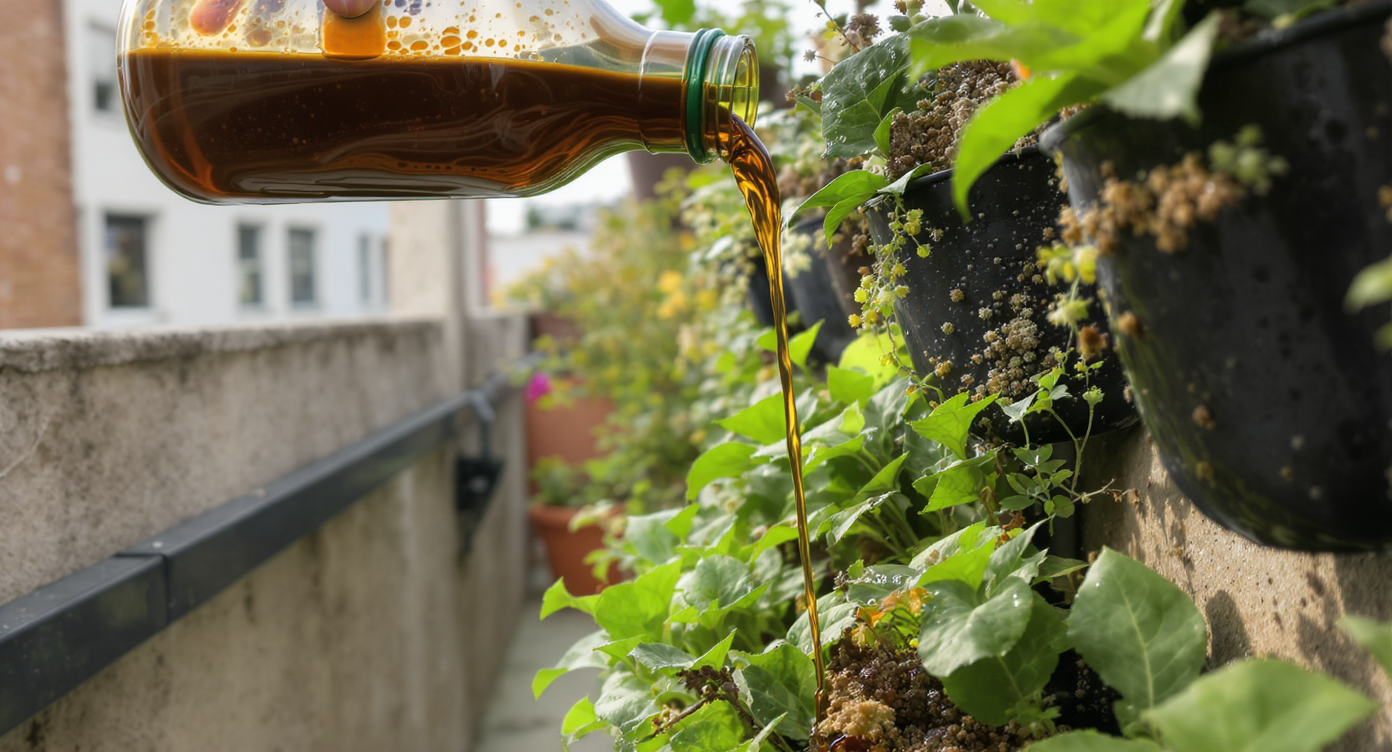 Adubo líquido orgânico sendo aplicado em horta vertical urbana