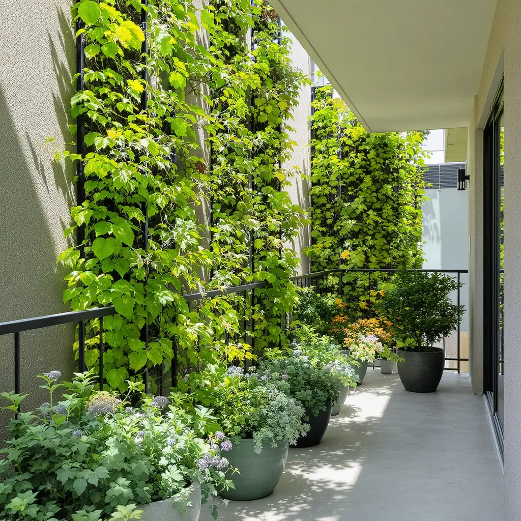 Horta vertical decorativa com folhagens no apartamento