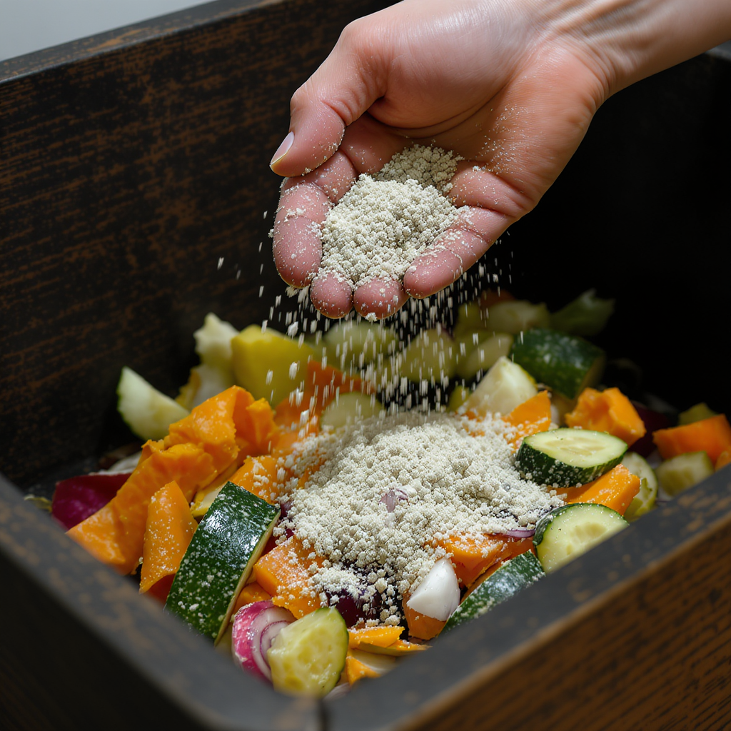 Aplicação de farelo para Bokashi caseiro em balde de compostagem