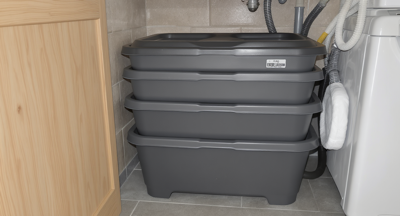 Minhocário doméstico empilhável em área de serviço de apartamento moderno