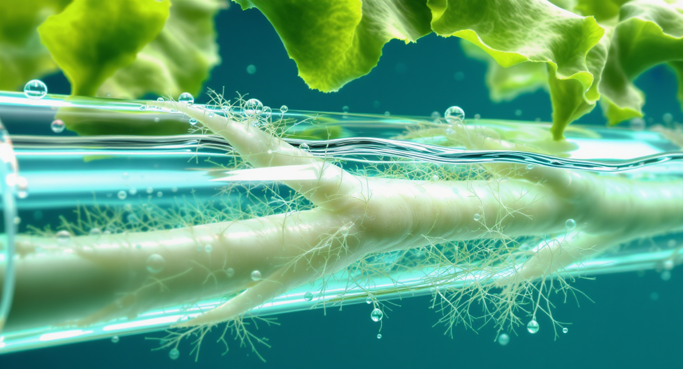 Cultivo Hidroponico detalhado mostrando raízes saudáveis em solução nutritiva