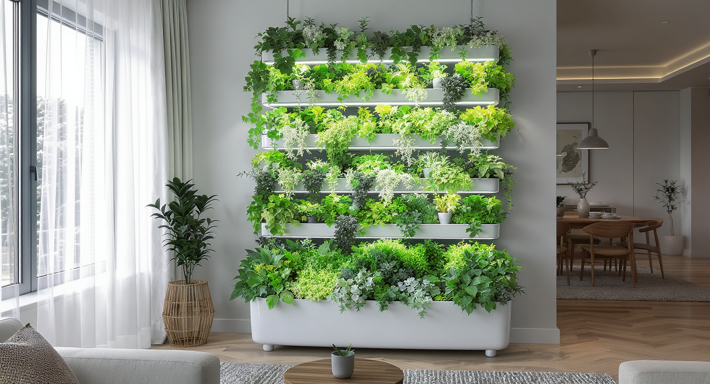 Horta Hidropônica vertical moderna em apartamento com alface, manjericão e morangos