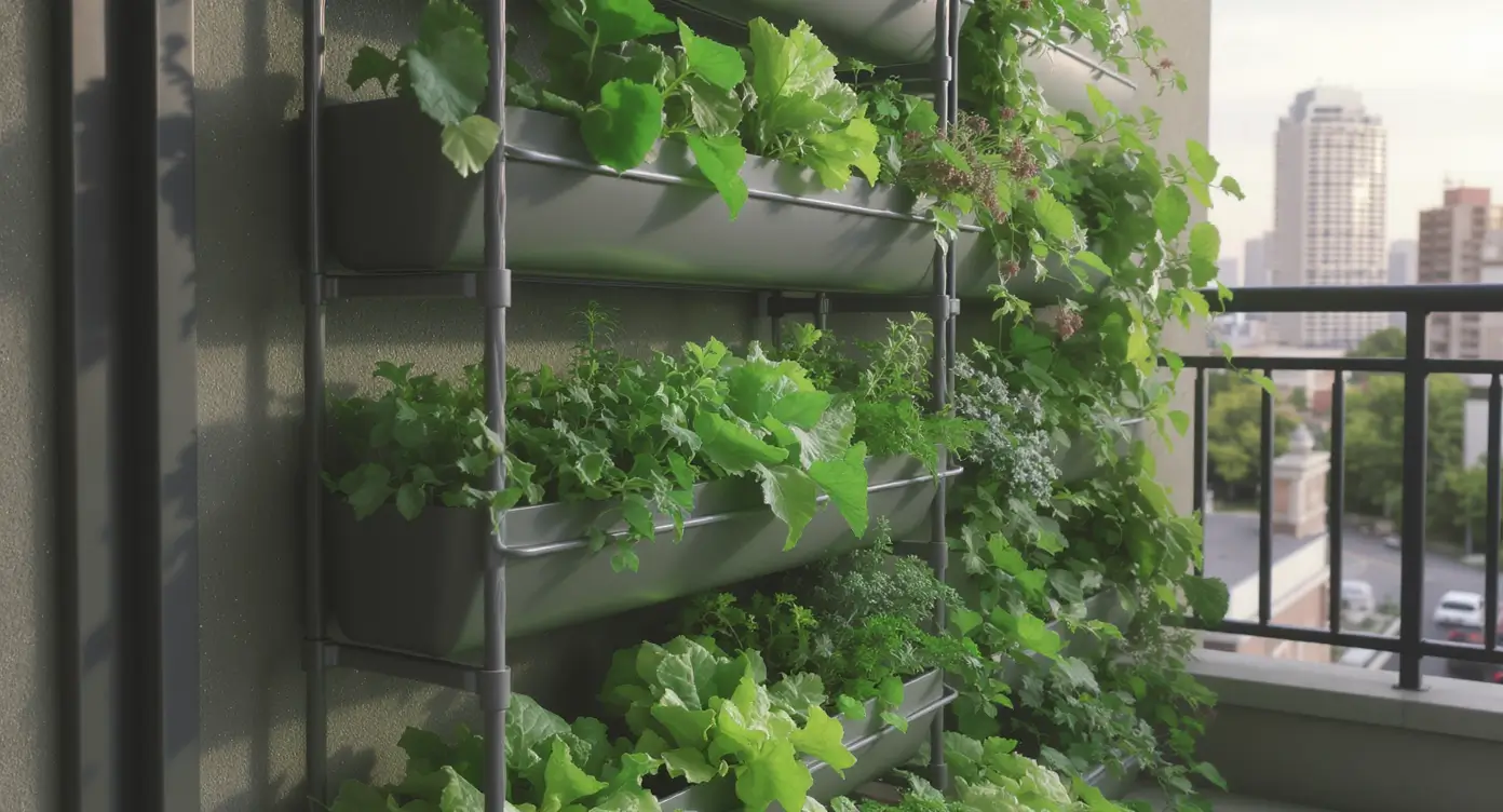 Horta vertical produtiva com tomates e alface no apartamento