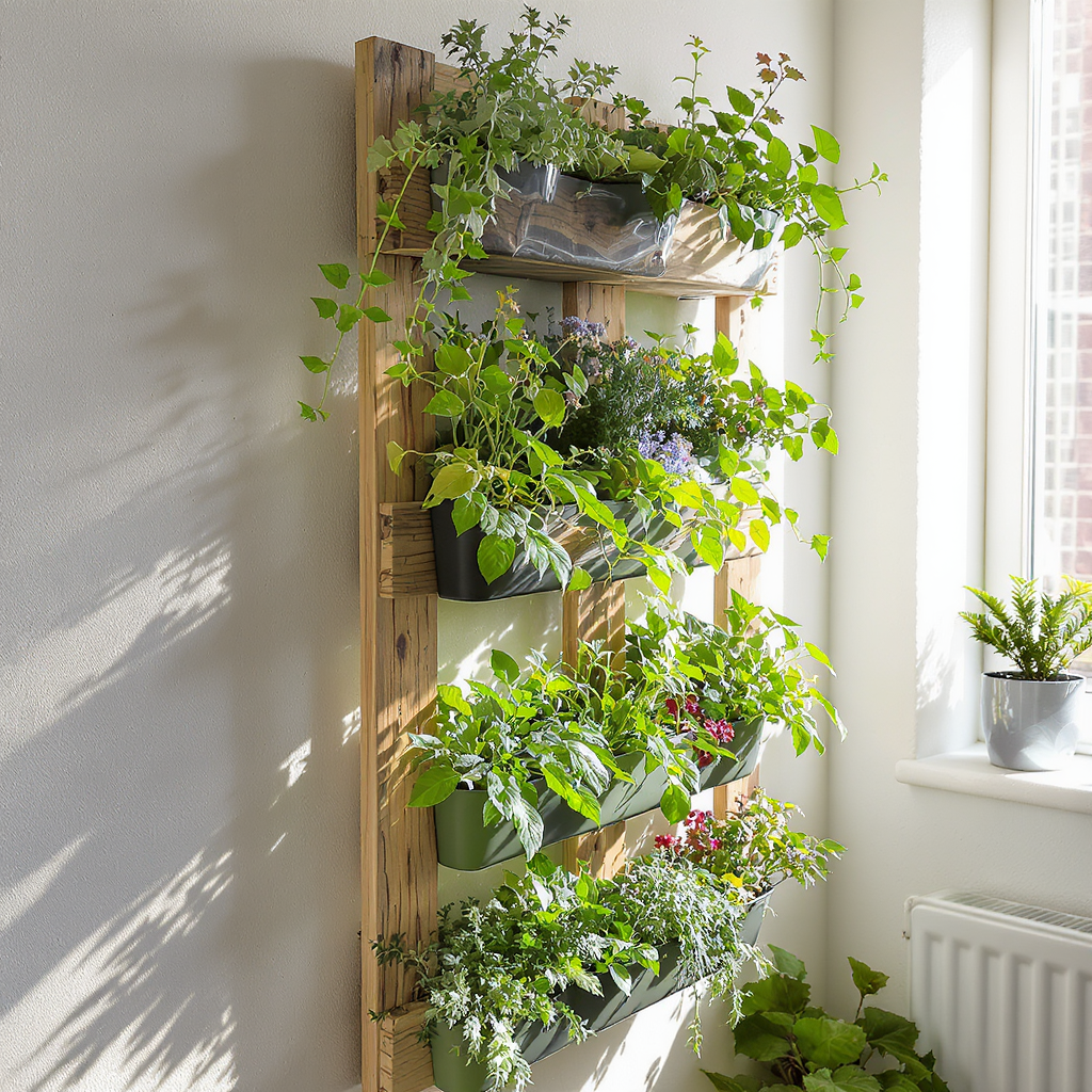 Horta vertical com materiais reciclados em apartamento sustentável