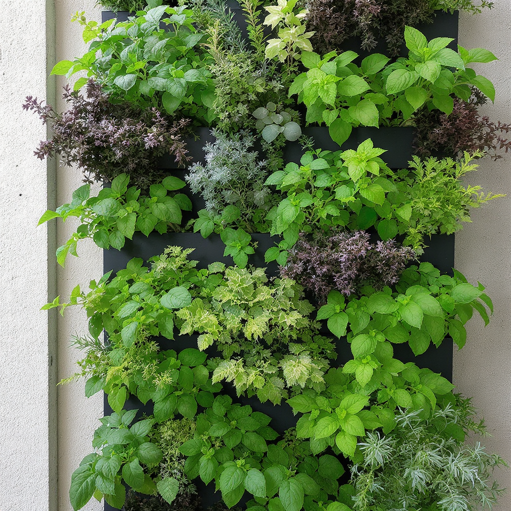 Jardim vertical de ervas aromáticas em apartamento com módulos de manjericão e alecrim