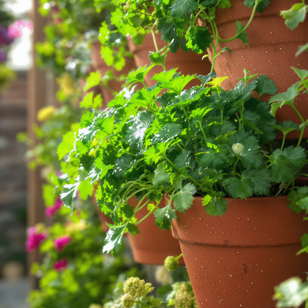 Detalhe de ervas aromáticas frescas crescendo em vasos verticais