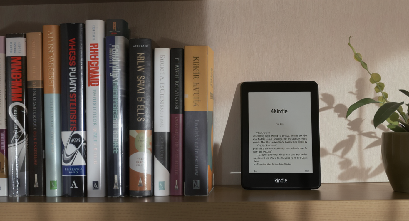 Kindle sustentável 2026 em estante com livros físicos para comparação