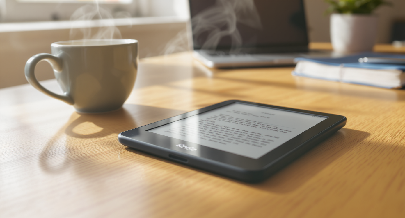 Kindle sustentável 2026 na mesa de escritório com luz natural