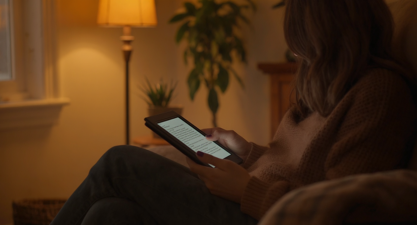 Kindle sustentável 2026 em poltrona confortável de sala de estar