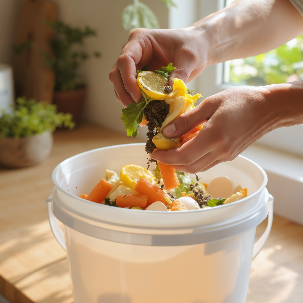 composteiro urbano mãos adicionando resíduos orgânicos em balde de compostagem