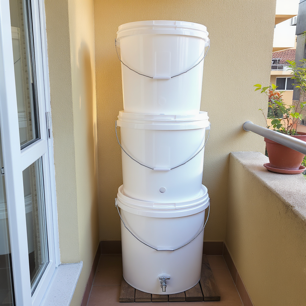 composteiro urbano feito com baldes de margarina empilhados em apartamento