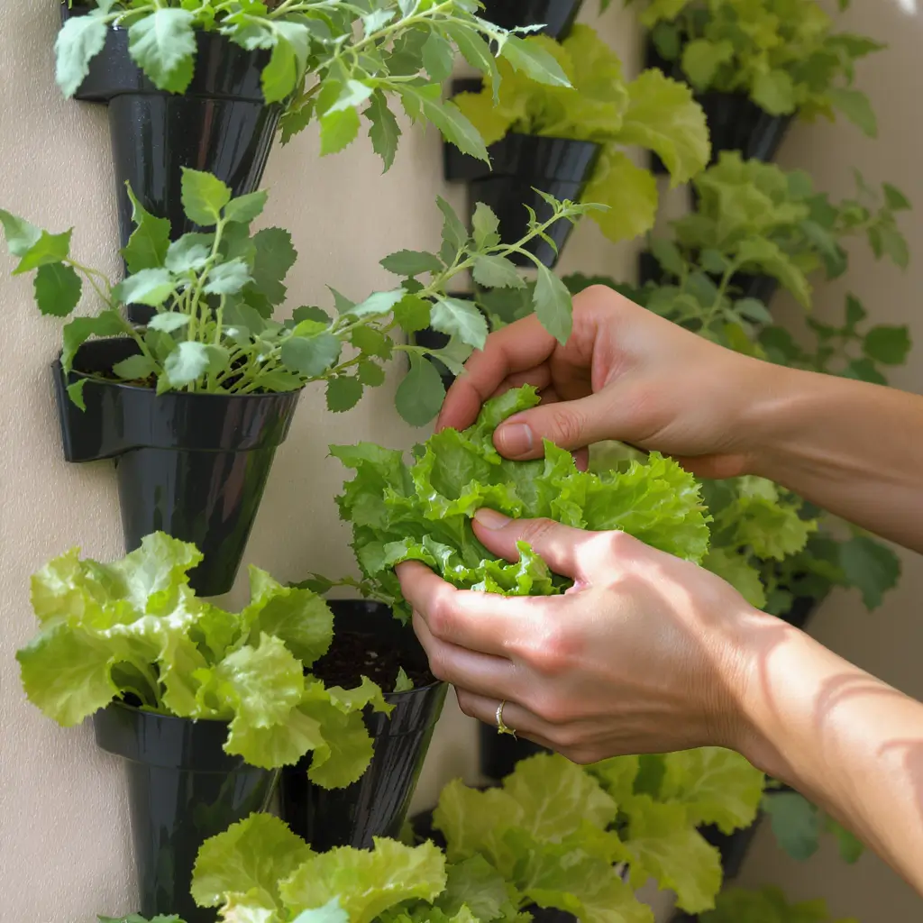 horta vertical colheita de alface e rúcula em sistema de cultivo vertical