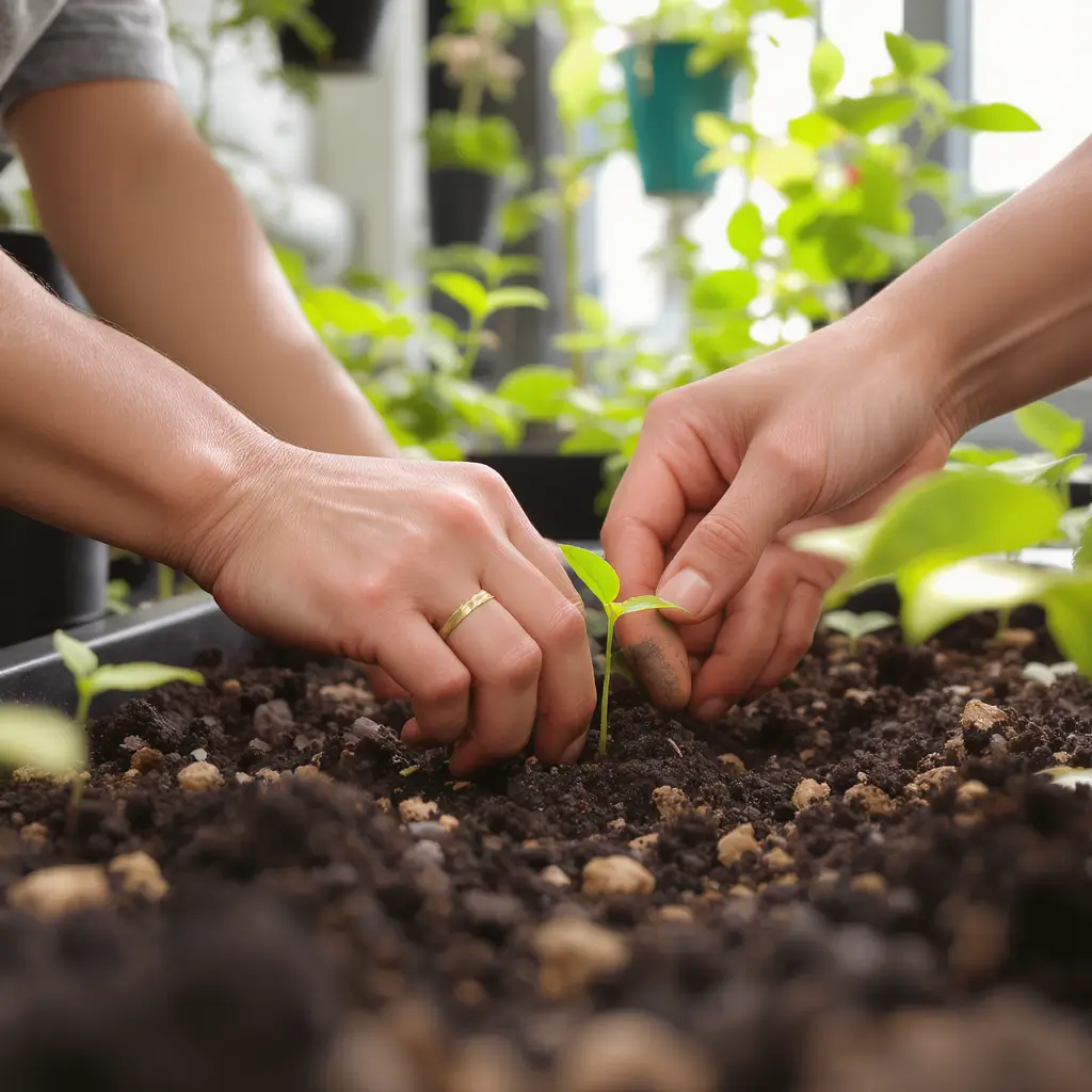 horta vertical com mãos plantando mudas em sistema sustentável