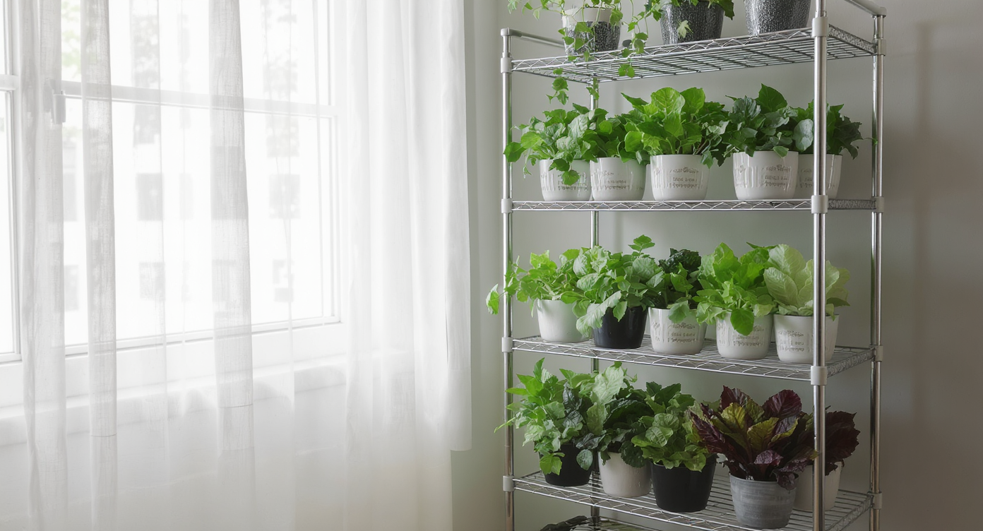 plantas pouco sol horta vertical folhosas alface rúcula espinafre em prateleira