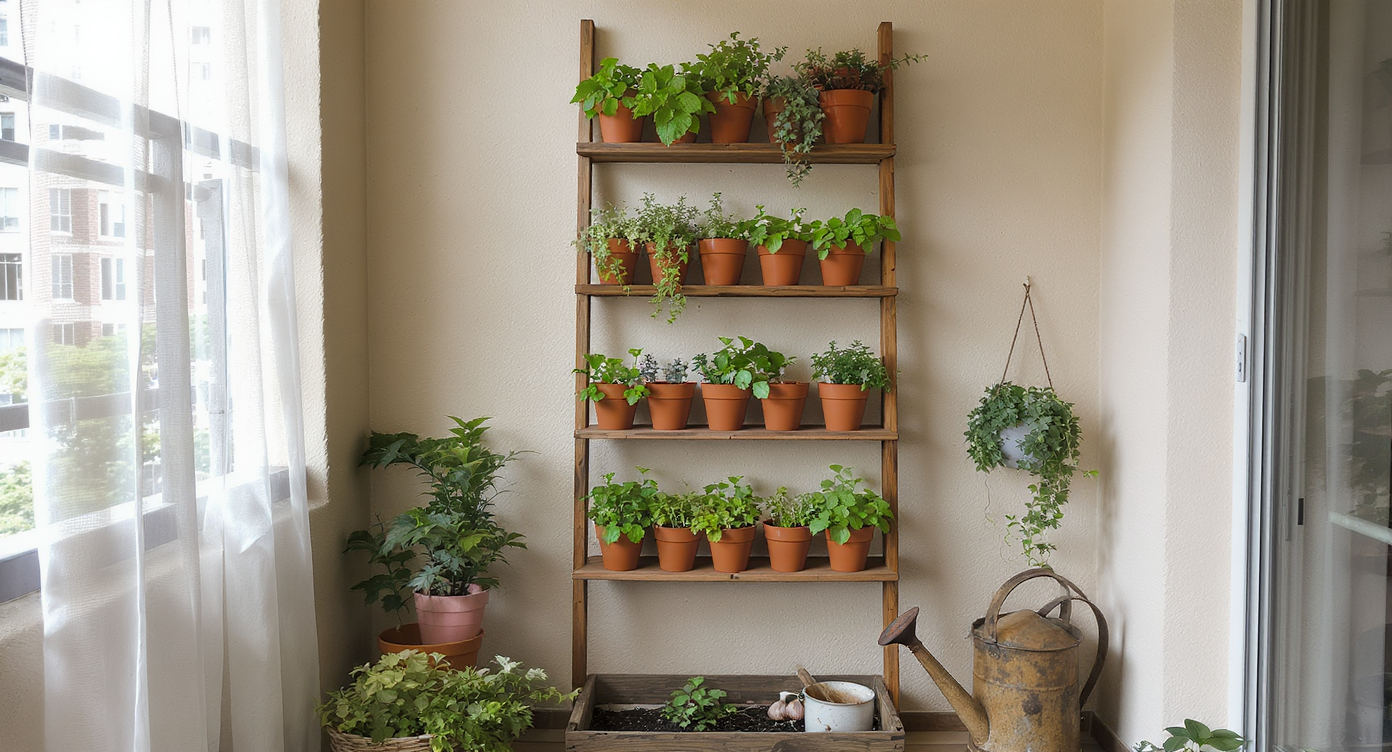 plantas pouco sol horta vertical microgreens gengibre alho-poró em prateleira de parede