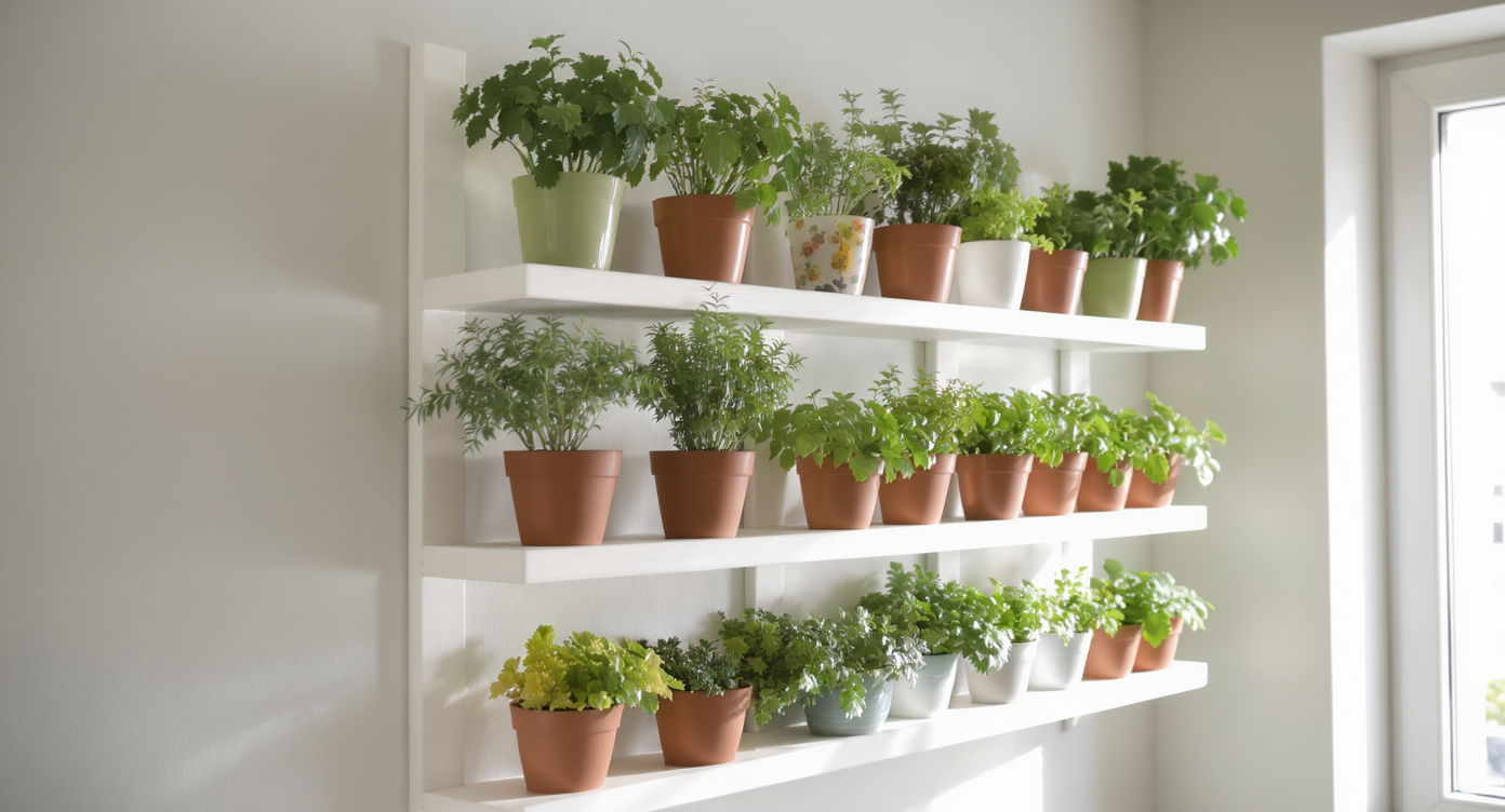 plantas pouco sol horta vertical em estante com ervas aromáticas em vasos variados