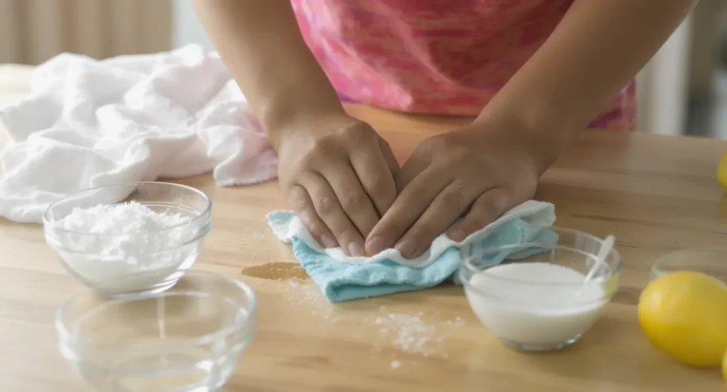 Mulher de blusa salmão com as mãos sobre uma peça de roupa azul ao lado de produtos de limpeza