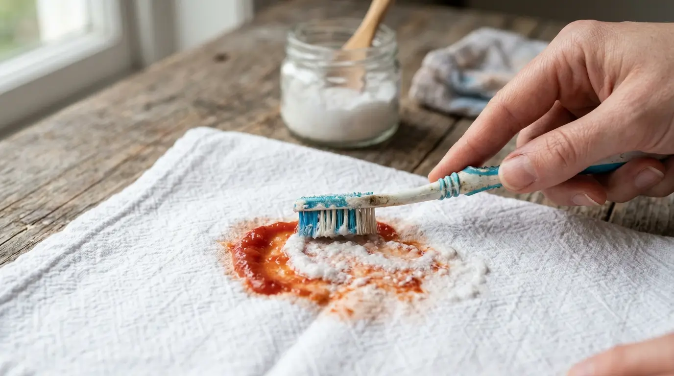 Aplicação de pasta de bicarbonato em mancha de roupa com tira manchas caseiros