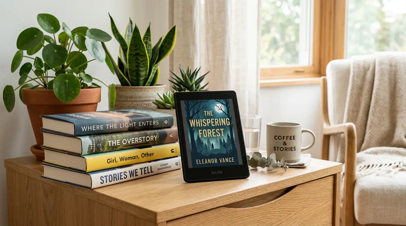 Kindle moderno exibindo capa de livro, cercado por livros físicos e plantas em apartamento minimalista com iluminação natural