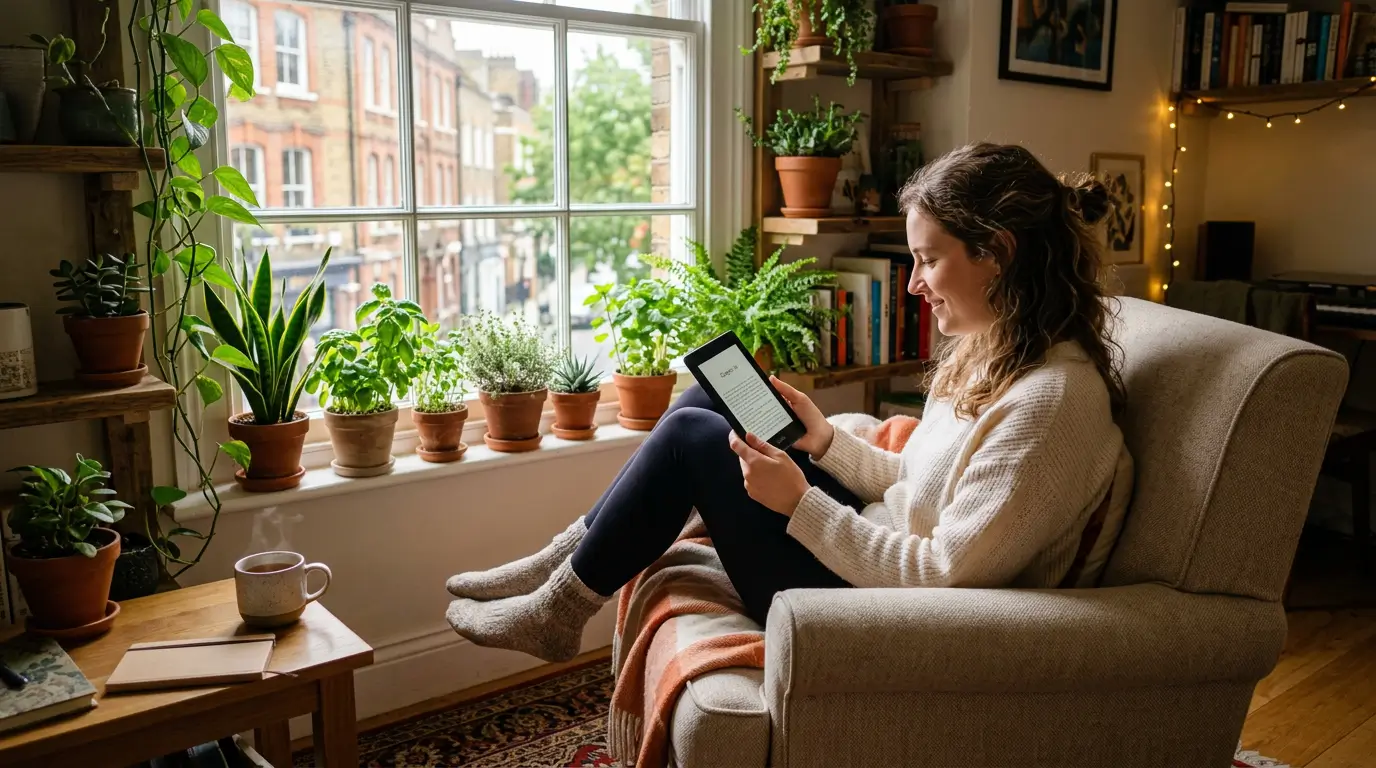 Mulher lendo em Kindle perto da janela em apartamento pequeno com plantas verticais e ervas em prateleiras, ambiente urbano aconchegante