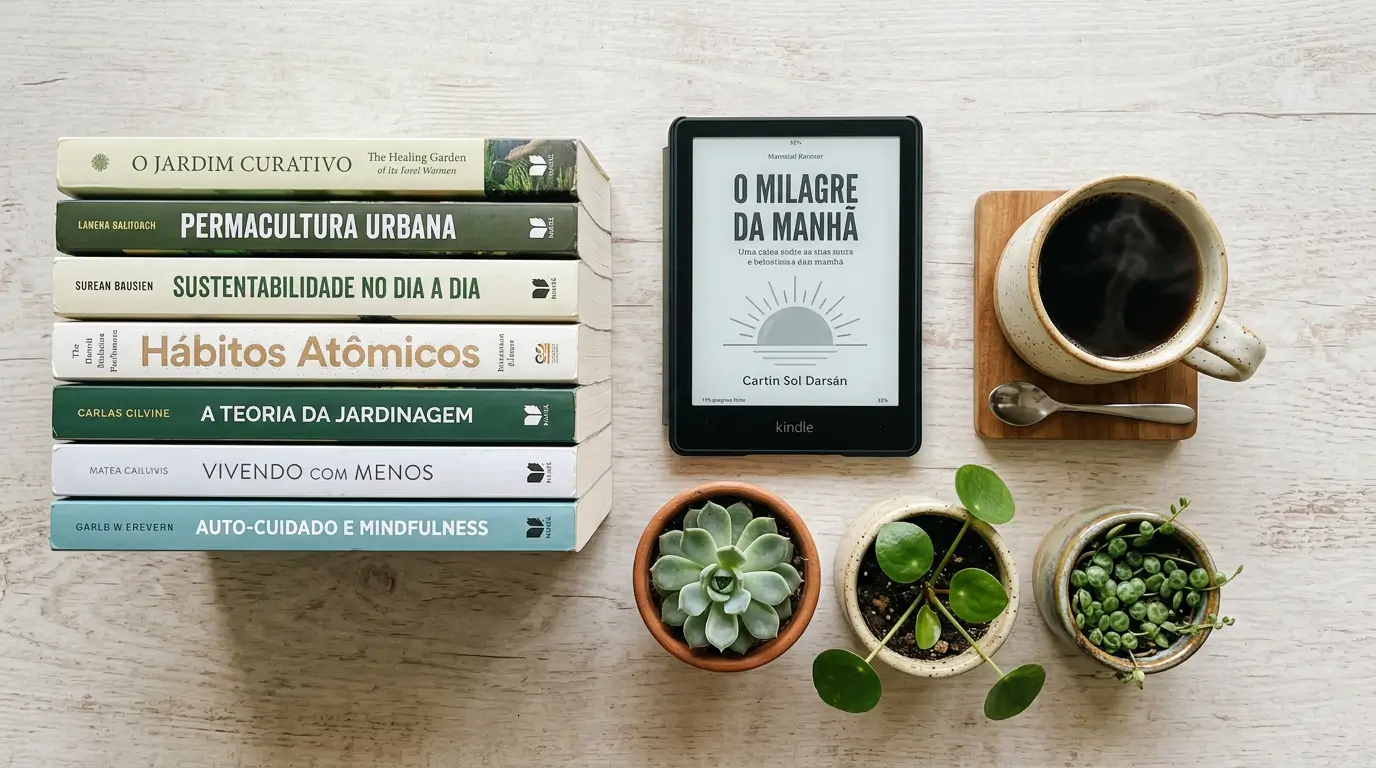 Stack curado de livros sobre jardinagem e sustentabilidade ao lado de Kindle preto, com plantas em vasos de cerâmica e xícara de café em composição flat lay minimalista