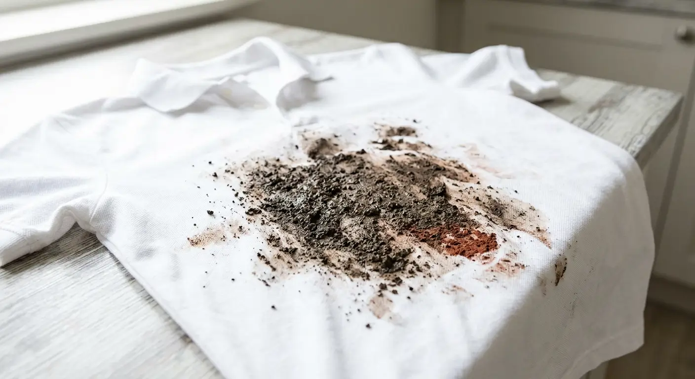 Mancha de terra em camiseta branca antes da limpeza