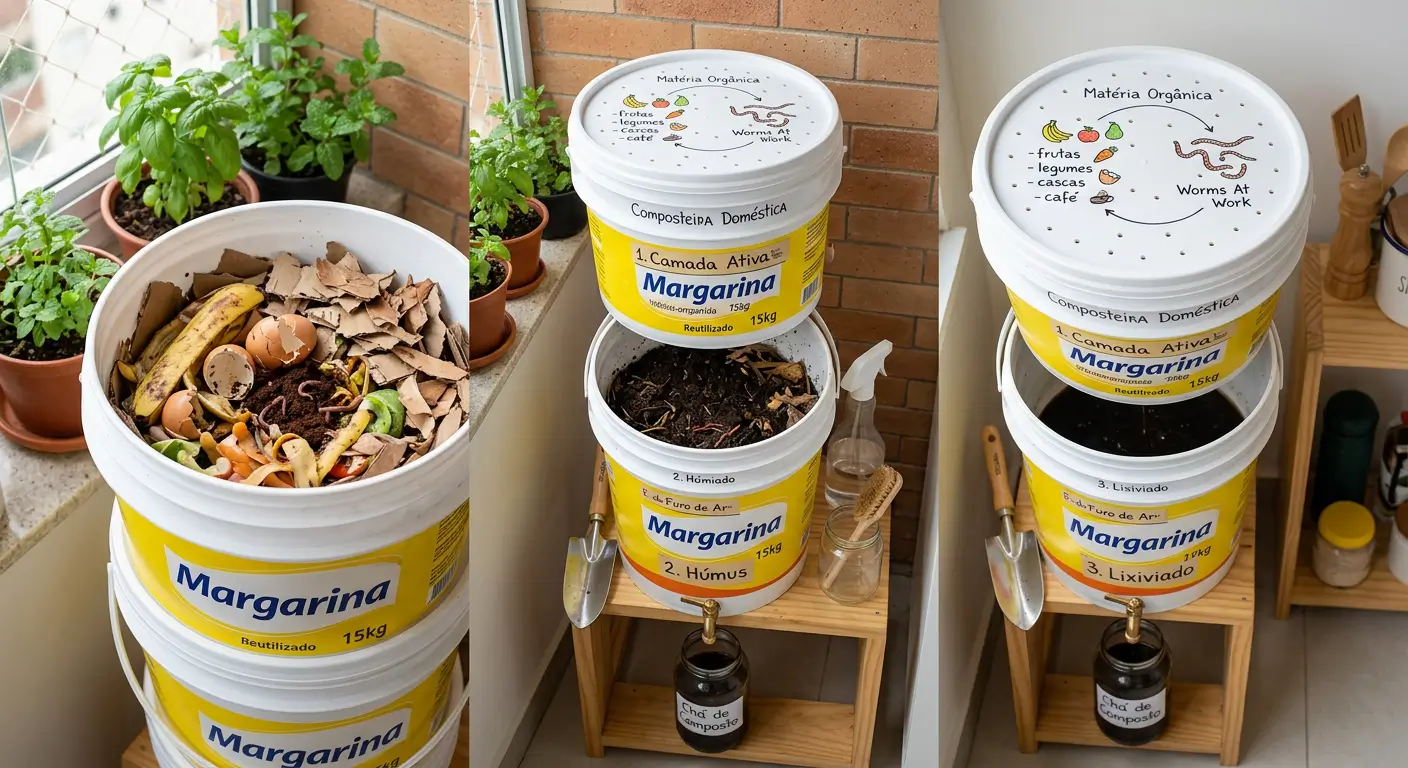 Minhocário caseiro em caixa empilhada para compostagem