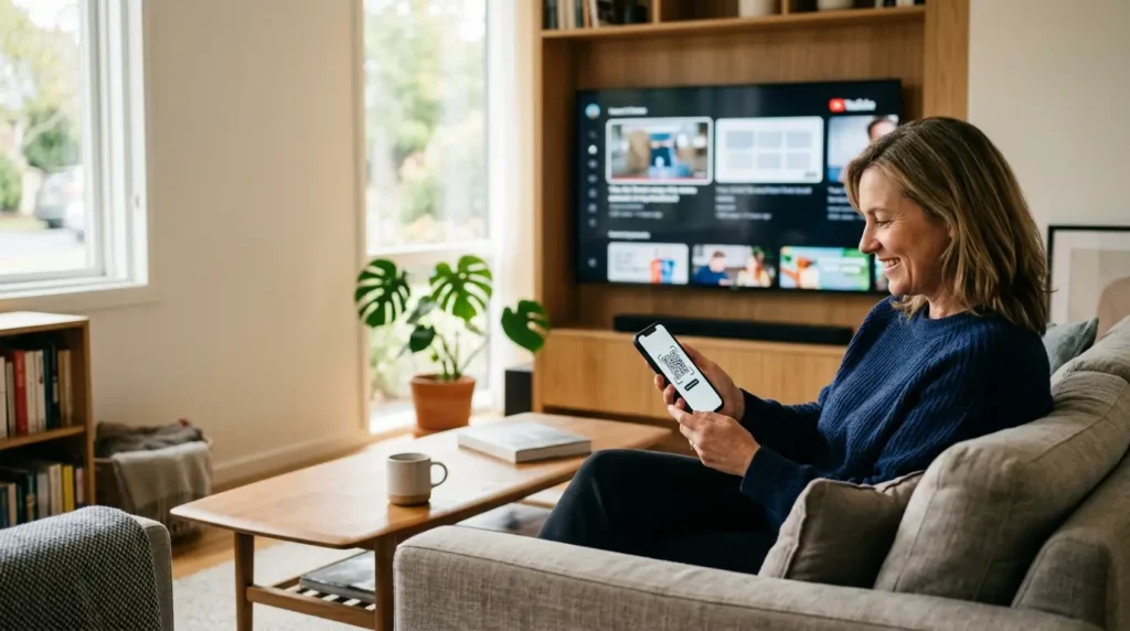 Pessoa usando o celular para fazer login no YouTube em uma Smart TV