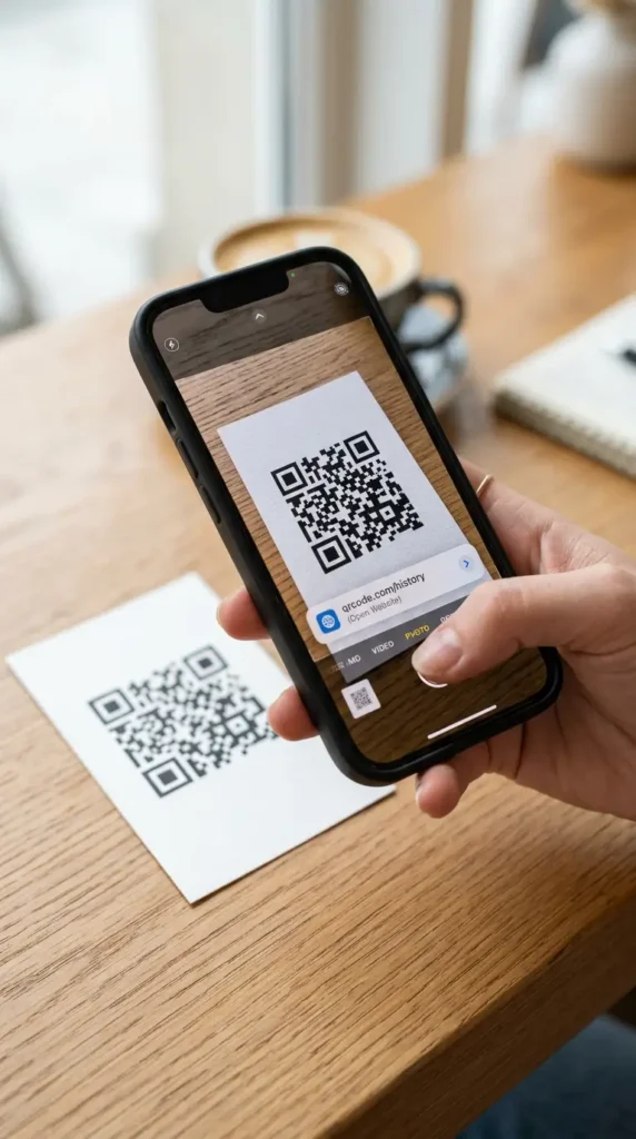 Pessoa apontando a câmera do celular para ler um QR Code impresso