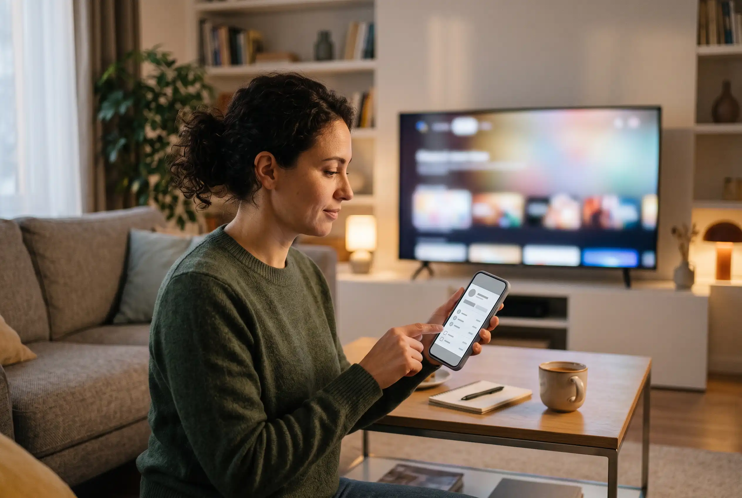 Pessoa usando o celular para conferir informações de conta, assinaturas e pagamentos, com uma televisão ao fundo