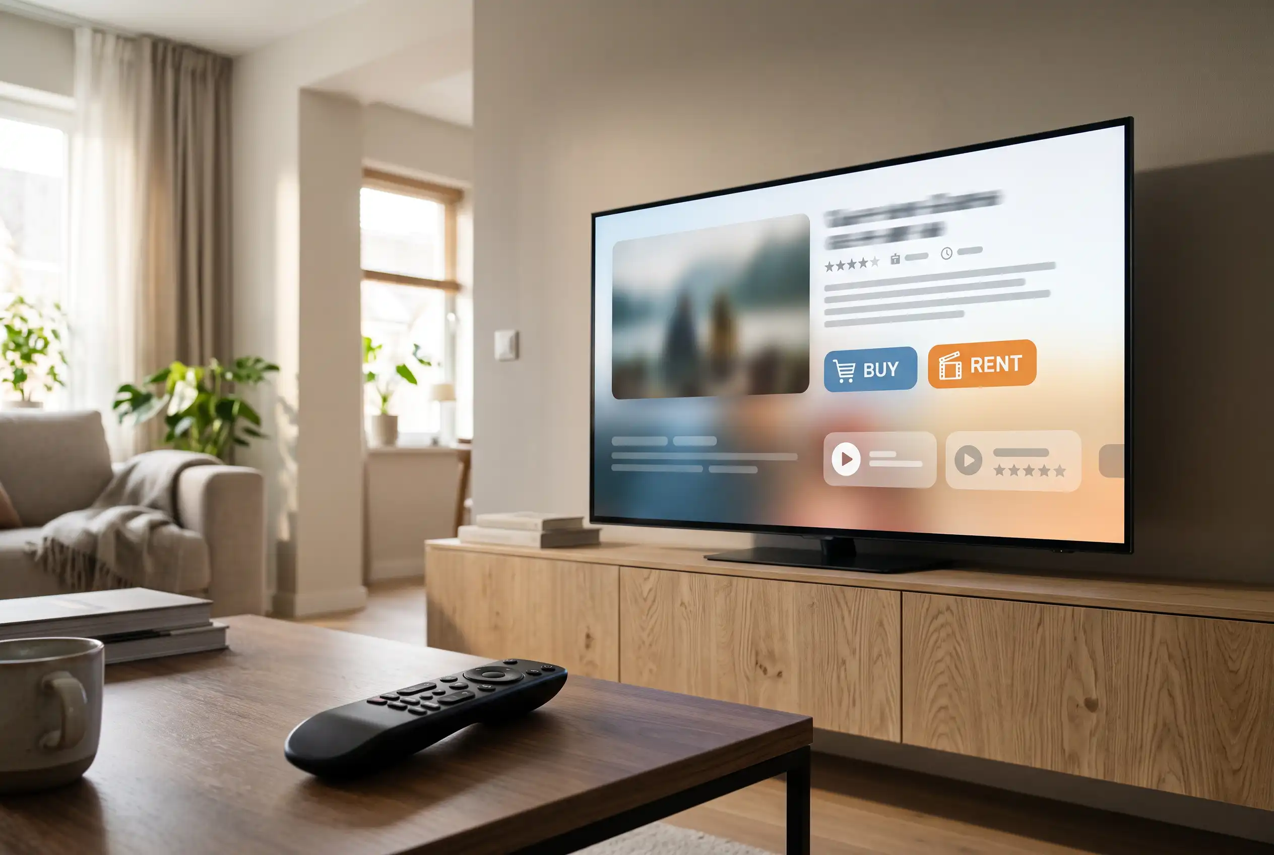 Controle remoto apontado para a televisão durante a consulta de um conteúdo que pode ser comprado ou alugado
