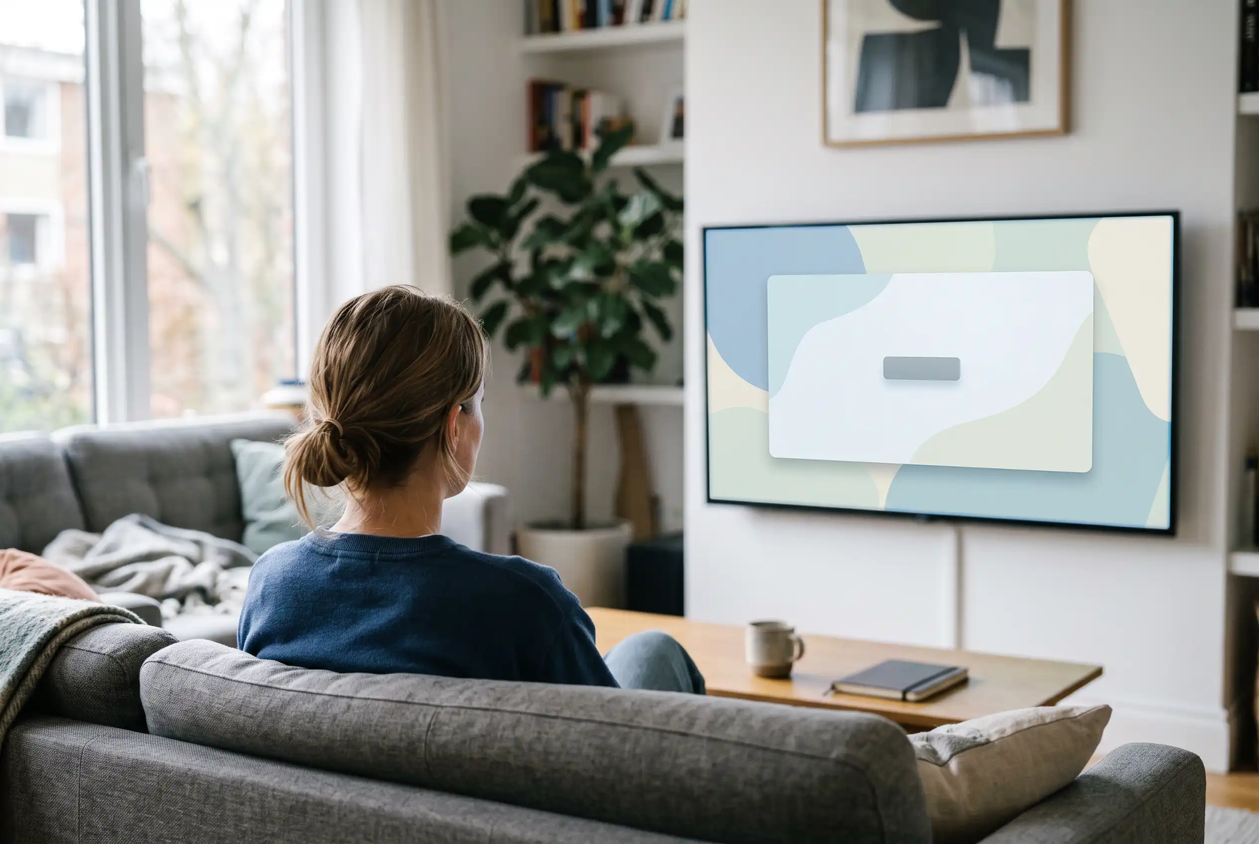 Pessoa diante da televisão vendo uma oferta genérica de assinatura do YouTube